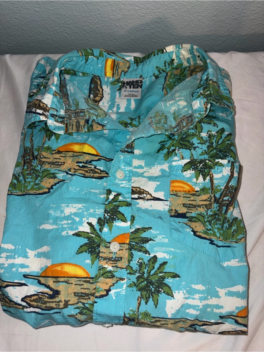 Vintage Hang Ten Turquoise Tropical Print Button-Down Shirt